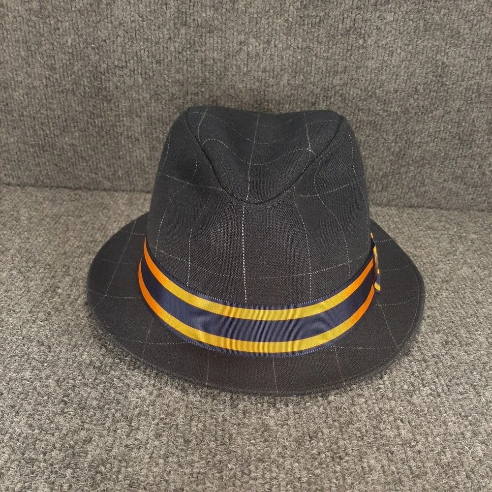 Goorin Bros Fedora Hat Black Gray Pin Striped Yellow Blue Band Mens Size XL USA